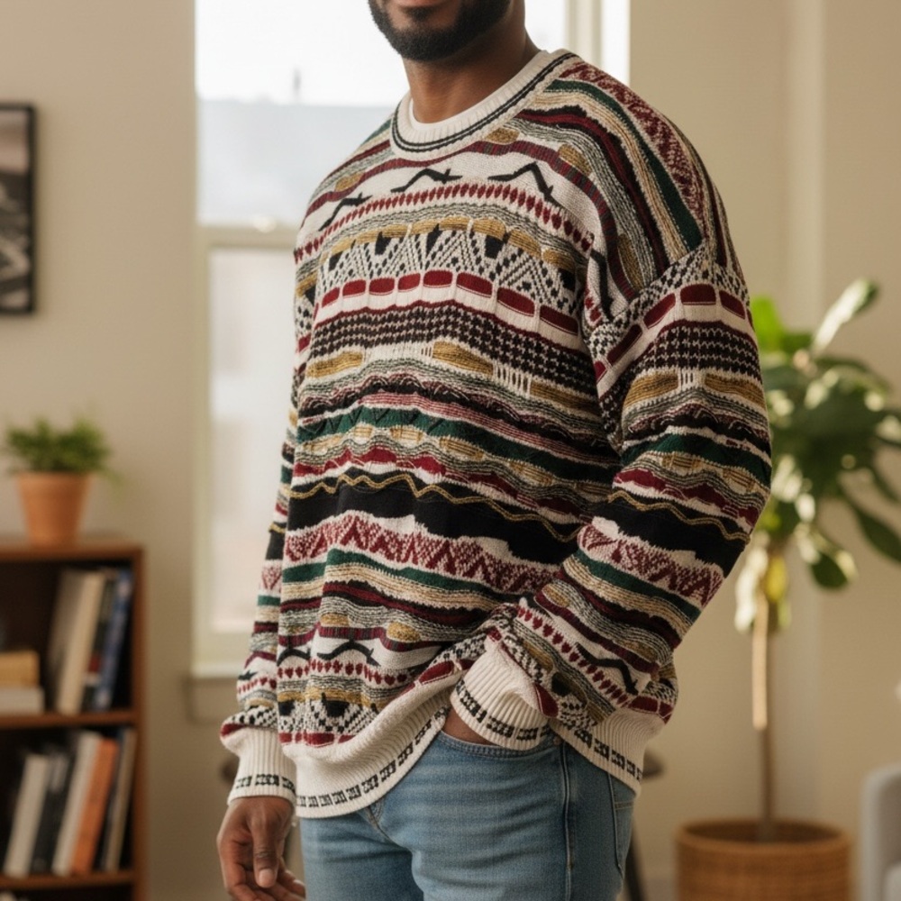 Florence Tricot Vintage Men's Multicolor 3D‎ Coogi Style Patterned Sweater